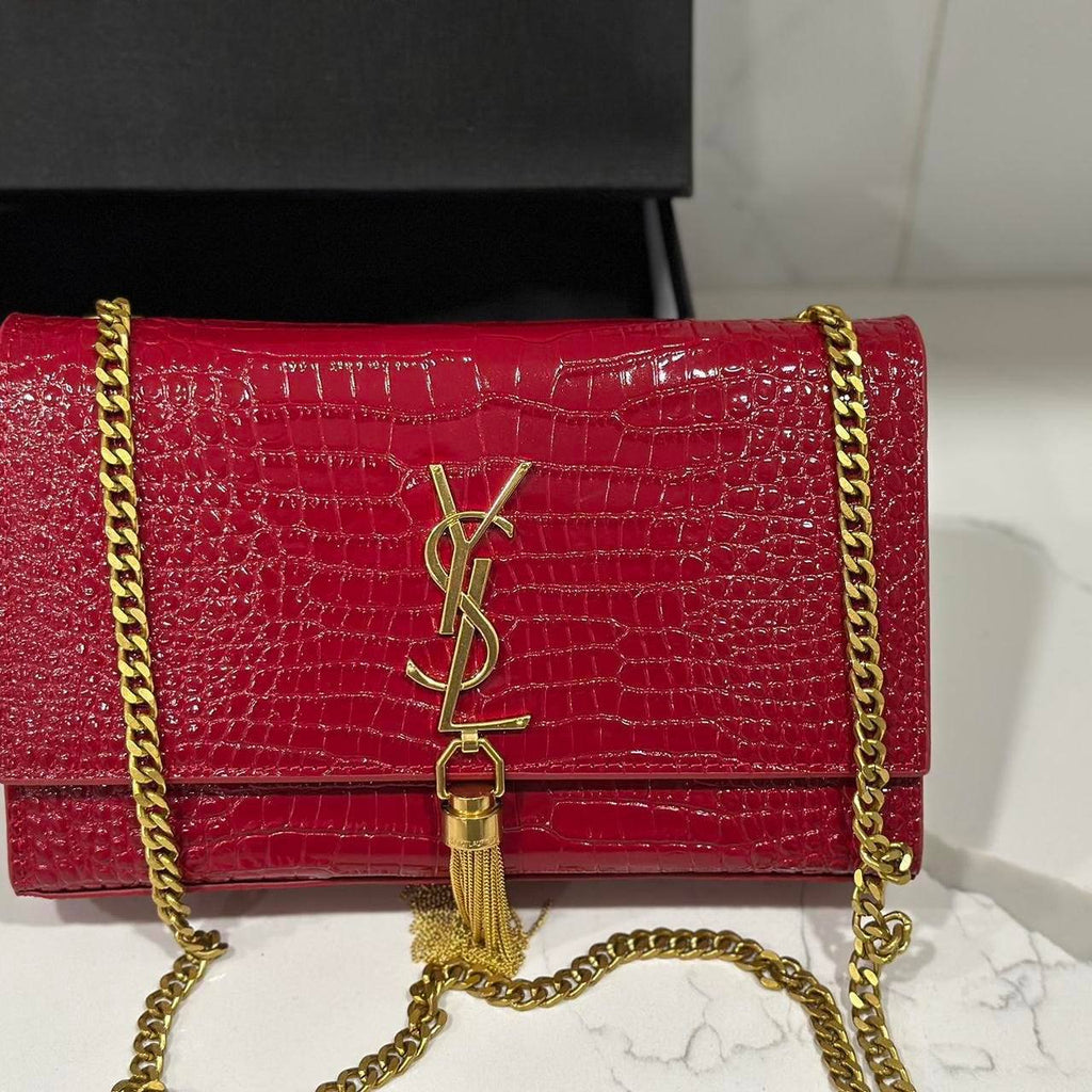 YSL KATE MEDIUM TASSEL BAG IN CROCODILE-EMBOSSED LEATHER